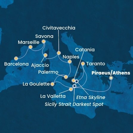 Řecko, Malta, Itálie, Tunisko, Francie, Španělsko z Pirea na lodi Costa Fascinosa