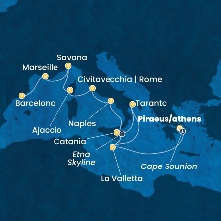 Řecko, Malta, Itálie, Francie, Španělsko z Pirea na lodi Costa Serena