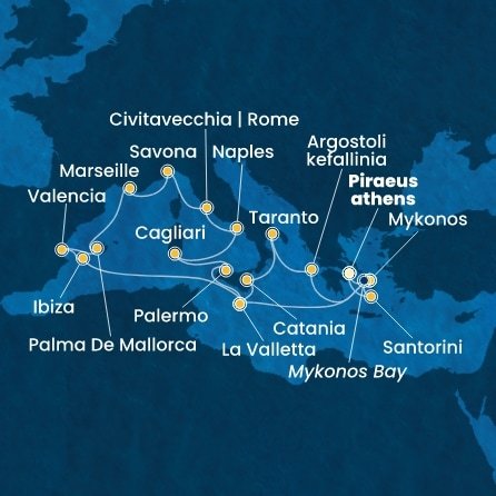 Řecko, Malta, Španělsko, Francie, Itálie z Pirea na lodi Costa Serena