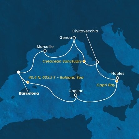 Španělsko, Sardinie, Itálie, Francie z Barcelony na lodi Costa Smeralda