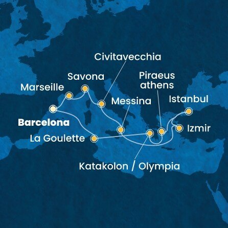 Španělsko, Francie, Itálie, Turecko, Řecko, Tunisko z Barcelony na lodi Costa Favolosa