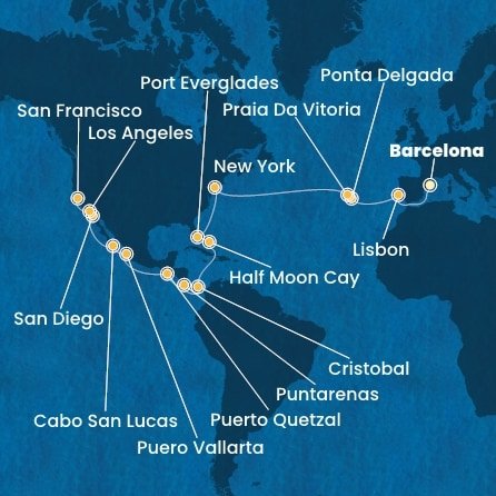 Španělsko, Portugalsko, USA, Bahamy, Panama, Kostarika, Guatemala, Mexiko z Barcelony na lodi Costa Deliziosa