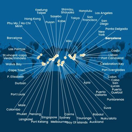 Španělsko, Portugalsko, USA, Bahamy, Panama, Kostarika, Guatemala, Mexiko, Samoa, Fidži, Tonga, Nový Zéland, Austrálie, Papua Nová Guinea, Japonsko, Jižní Korea, Tchaj-wan, Čína, Vietnam, Singapur, Malajsie, Thajsko, Srí Lanka, Maledivy, Mauricius, Jihoafrická republika, Namibie, Kapverdy z Barcelony na lodi Costa Deliziosa