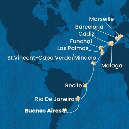 Argentina, Brazílie, Kapverdy, Španělsko, Portugalsko, Francie z Buenos Aires na lodi Costa Serena