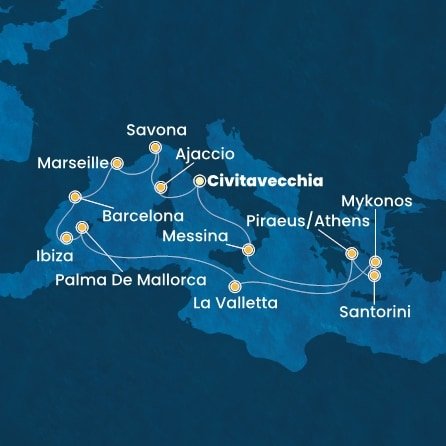 Itálie, Francie, Španělsko, Malta, Řecko z Civitavecchia na lodi Costa Serena