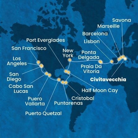 Itálie, Francie, Španělsko, Portugalsko, USA, Bahamy, Panama, Kostarika, Guatemala, Mexiko z Civitavecchia na lodi Costa Deliziosa