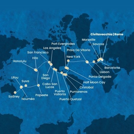 Itálie, Francie, Španělsko, Portugalsko, USA, Bahamy, Panama, Kostarika, Guatemala, Mexiko, Francouzská Polynésie, Fidži, Nová Kaledonie, Austrálie z Civitavecchia na lodi Costa Deliziosa