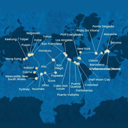 Itálie, Francie, Španělsko, Portugalsko, USA, Bahamy, Panama, Kostarika, Guatemala, Mexiko, Francouzská Polynésie, Fidži, Nová Kaledonie, Austrálie, Papua Nová Guinea, Japonsko, Jižní Korea, Tchaj-wan, Čína z Civitavecchia na lodi Costa Deliziosa