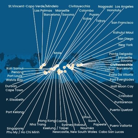 Itálie, Francie, Španělsko, Portugalsko, USA, Bahamy, Panama, Kostarika, Guatemala, Mexiko, Francouzská Polynésie, Fidži, Nová Kaledonie, Austrálie, Papua Nová Guinea, Japonsko, Jižní Korea, Tchaj-wan, Čína, Vietnam, Thajsko, Singapur, Malajsie, Srí Lanka, Maledivy, Mauricius, Jihoafrická republika, Namibie, Kapverdy z Civitavecchia na lodi Costa Deliziosa