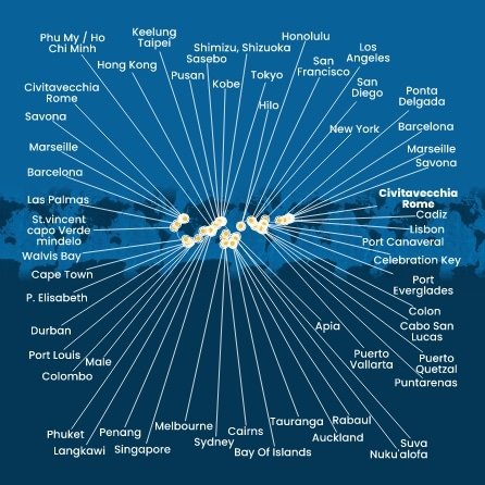 Itálie, Francie, Španělsko, Portugalsko, USA, Bahamy, Panama, Kostarika, Guatemala, Mexiko, Samoa, Fidži, Tonga, Nový Zéland, Austrálie, Papua Nová Guinea, Japonsko, Jižní Korea, Tchaj-wan, Čína, Vietnam, Singapur, Malajsie, Thajsko, Srí Lanka, Maledivy, Mauricius, Jihoafrická republika, Namibie, Kapverdy z Civitavecchia na lodi Costa Deliziosa