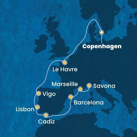 Dánsko, Francie, Španělsko, Portugalsko, Itálie z Kodaně na lodi Costa Diadema
