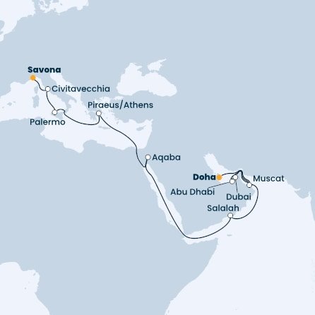 Katar, Omán, Spojené arabské emiráty, Jordánsko, Řecko, Itálie z Dohy na lodi Costa Toscana