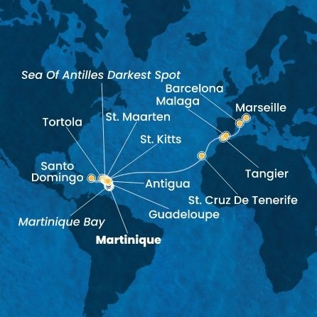 Martinik, Guadeloupe, Svatý Kryštof a Nevis, Britské Panenské ostrovy, Dominikánská republika, Svatý Martin, Antigua a Barbuda, Španělsko, Maroko, Francie z Fort-de-France na lodi Costa Favolosa