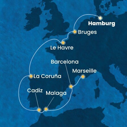 Německo, Belgie, Francie, Španělsko z Hamburku na lodi Costa Favolosa