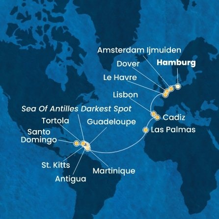 Německo, Nizozemsko, Velká Británie, Francie, Portugalsko, Španělsko, Martinik, Guadeloupe, Svatý Kryštof a Nevis, Antigua a Barbuda, Britské Panenské ostrovy, Dominikánská republika z Hamburku na lodi Costa Favolosa