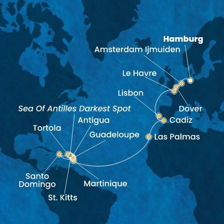 Německo, Nizozemsko, Velká Británie, Francie, Portugalsko, Španělsko, Martinik, Guadeloupe, Svatý Kryštof a Nevis, Antigua a Barbuda, Britské Panenské ostrovy, Dominikánská republika z Hamburku na lodi Costa Favolosa