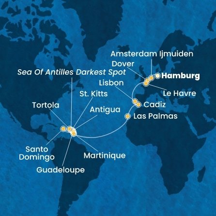 Německo, Nizozemsko, Velká Británie, Francie, Portugalsko, Španělsko, Martinik, Guadeloupe, Svatý Kryštof a Nevis, Antigua a Barbuda, Britské Panenské ostrovy, Dominikánská republika z Hamburku na lodi Costa Favolosa