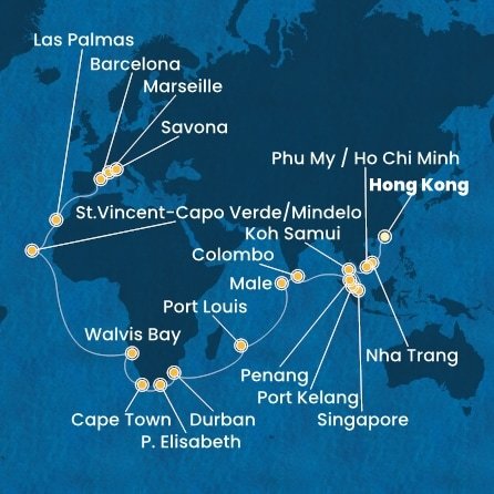 Čína, Vietnam, Thajsko, Singapur, Malajsie, Srí Lanka, Maledivy, Mauricius, Jihoafrická republika, Namibie, Kapverdy, Španělsko, Francie, Itálie z Hong Kongu na lodi Costa Deliziosa
