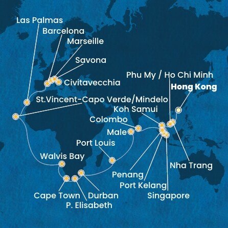 Čína, Vietnam, Thajsko, Singapur, Malajsie, Srí Lanka, Maledivy, Mauricius, Jihoafrická republika, Namibie, Kapverdy, Španělsko, Francie, Itálie z Hong Kongu na lodi Costa Deliziosa