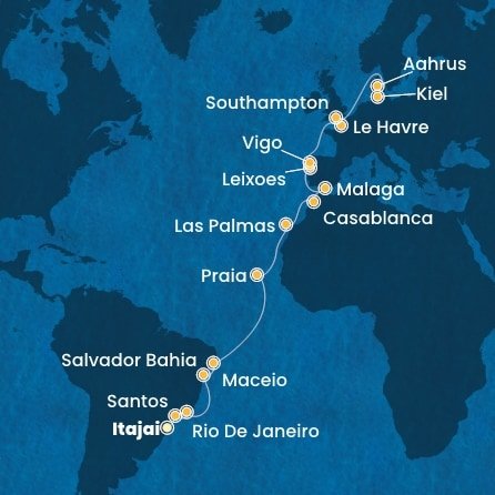 Brazílie, Kapverdy, Španělsko, Maroko, Portugalsko, Francie, Velká Británie, Dánsko, Německo na lodi Costa Diadema