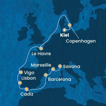 Německo, Dánsko, Francie, Španělsko, Portugalsko, Itálie z Kielu na lodi Costa Diadema