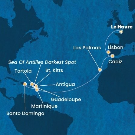 Francie, Portugalsko, Španělsko, Martinik, Guadeloupe, Svatý Kryštof a Nevis, Antigua a Barbuda, Britské Panenské ostrovy, Dominikánská republika z Le Havru na lodi Costa Favolosa