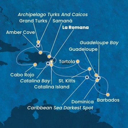 Dominikánská republika, Zámořské území Velké Británie, Dominika, Barbados, Guadeloupe, Svatý Kryštof a Nevis, Britské Panenské ostrovy z La Romany na lodi Costa Pacifica