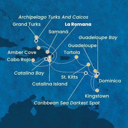 Dominikánská republika, Dominika, Svatý Vincenc a Grenadiny, Guadeloupe, Svatý Kryštof a Nevis, Britské Panenské ostrovy, Zámořské území Velké Británie z La Romany na lodi Costa Pacifica