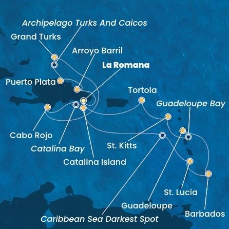 Dominikánská republika, Zámořské území Velké Británie, Svatá Lucie, Barbados, Guadeloupe, Svatý Kryštof a Nevis, Britské Panenské ostrovy z La Romany na lodi Costa Fascinosa