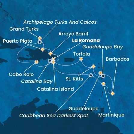 Dominikánská republika, Martinik, Barbados, Guadeloupe, Svatý Kryštof a Nevis, Britské Panenské ostrovy, Zámořské území Velké Británie z La Romany na lodi Costa Fascinosa