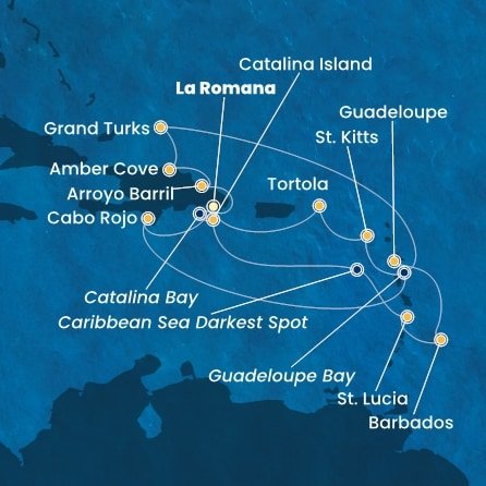 Dominikánská republika, Svatá Lucie, Barbados, Guadeloupe, Svatý Kryštof a Nevis, Britské Panenské ostrovy, Zámořské území Velké Británie z La Romany na lodi Costa Fascinosa