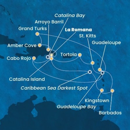Dominikánská republika, Zámořské území Velké Británie, Svatý Vincenc a Grenadiny, Barbados, Guadeloupe, Svatý Kryštof a Nevis, Britské Panenské ostrovy z La Romany na lodi Costa Fascinosa