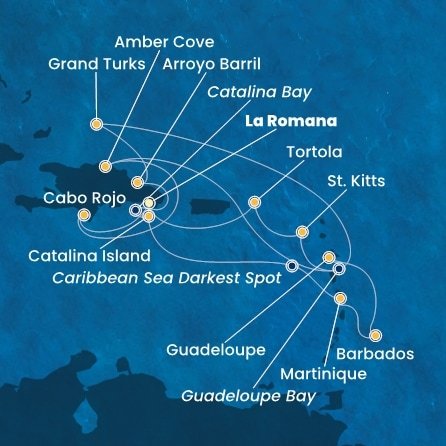 Dominikánská republika, Zámořské území Velké Británie, Martinik, Barbados, Guadeloupe, Svatý Kryštof a Nevis, Britské Panenské ostrovy z La Romany na lodi Costa Fascinosa