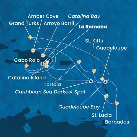 Dominikánská republika, Svatá Lucie, Barbados, Guadeloupe, Svatý Kryštof a Nevis, Britské Panenské ostrovy, Zámořské území Velké Británie z La Romany na lodi Costa Fascinosa