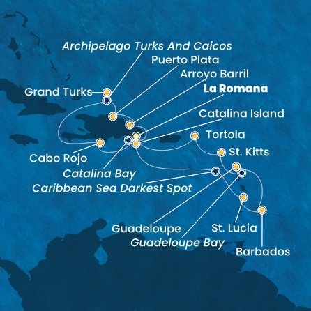 Dominikánská republika, Zámořské území Velké Británie, Svatá Lucie, Barbados, Guadeloupe, Svatý Kryštof a Nevis, Britské Panenské ostrovy z La Romany na lodi Costa Fascinosa