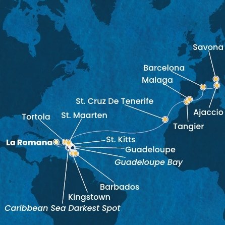 Dominikánská republika, Svatý Vincenc a Grenadiny, Barbados, Guadeloupe, Svatý Kryštof a Nevis, Britské Panenské ostrovy, Svatý Martin, Španělsko, Maroko, Francie, Itálie z La Romany na lodi Costa Fascinosa