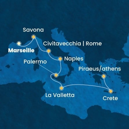 Francie, Itálie, Malta, Řecko z Marseille na lodi Costa Pacifica