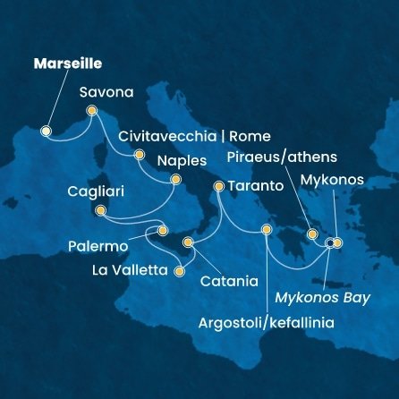 Francie, Itálie, Malta, Řecko z Marseille na lodi Costa Serena