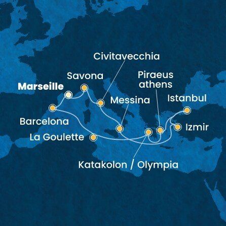 Francie, Itálie, Turecko, Řecko, Tunisko, Španělsko z Marseille na lodi Costa Favolosa