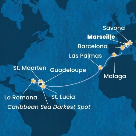 Francie, Itálie, Španělsko, Guadeloupe, Svatý Martin, Dominikánská republika, Svatá Lucie z Marseille na lodi Costa Fascinosa