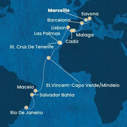 Francie, Itálie, Španělsko, Portugalsko, Kapverdy, Brazílie z Marseille na lodi Costa Diadema