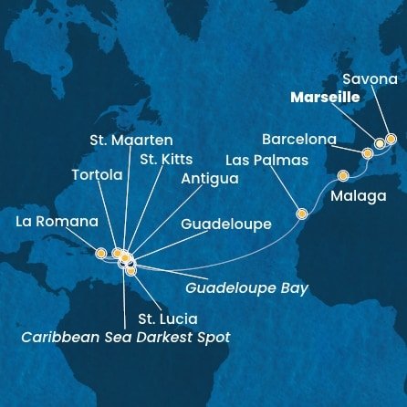 Francie, Itálie, Španělsko, Guadeloupe, Svatý Martin, Dominikánská republika, Svatá Lucie, Antigua a Barbuda, Svatý Kryštof a Nevis, Britské Panenské ostrovy z Marseille na lodi Costa Fascinosa