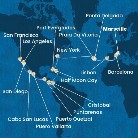 Francie, Španělsko, Portugalsko, USA, Bahamy, Panama, Kostarika, Guatemala, Mexiko z Marseille na lodi Costa Deliziosa