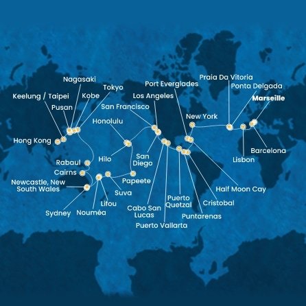 Francie, Španělsko, Portugalsko, USA, Bahamy, Panama, Kostarika, Guatemala, Mexiko, Francouzská Polynésie, Fidži, Nová Kaledonie, Austrálie, Papua Nová Guinea, Japonsko, Jižní Korea, Tchaj-wan, Čína z Marseille na lodi Costa Deliziosa