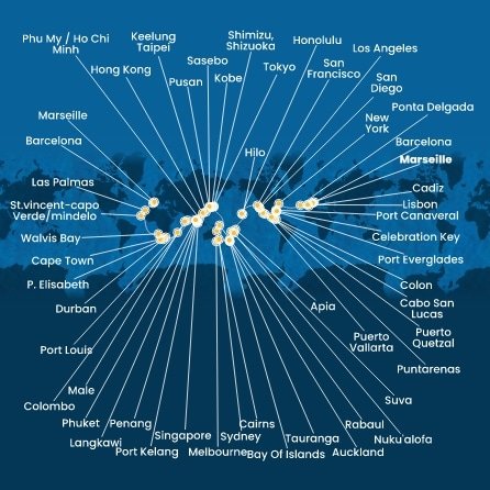 Francie, Španělsko, Portugalsko, USA, Bahamy, Panama, Kostarika, Guatemala, Mexiko, Samoa, Fidži, Tonga, Nový Zéland, Austrálie, Papua Nová Guinea, Japonsko, Jižní Korea, Tchaj-wan, Čína, Vietnam, Singapur, Malajsie, Thajsko, Srí Lanka, Maledivy, Mauricius, Jihoafrická republika, Namibie, Kapverdy z Marseille na lodi Costa Deliziosa