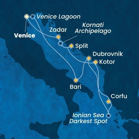 Itálie, Chorvatsko, Řecko, Černá Hora z Marghery na lodi Costa Deliziosa
