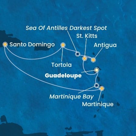 Guadeloupe, Svatý Kryštof a Nevis, Antigua a Barbuda, Britské Panenské ostrovy, Dominikánská republika, Martinik z Pointe-à-Pitre na lodi Costa Favolosa