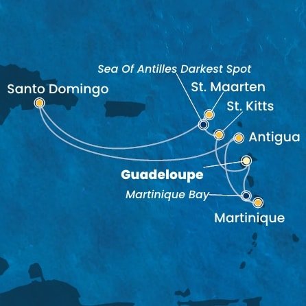 Guadeloupe, Svatý Kryštof a Nevis, Svatý Martin, Dominikánská republika, Antigua a Barbuda, Martinik z Pointe-à-Pitre na lodi Costa Favolosa