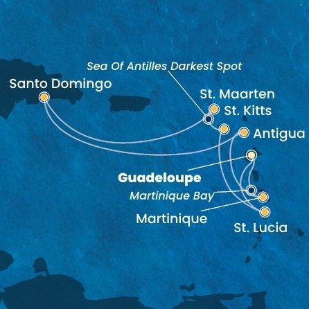 Guadeloupe, Svatá Lucie, Svatý Kryštof a Nevis, Svatý Martin, Dominikánská republika, Antigua a Barbuda, Martinik z Pointe-à-Pitre na lodi Costa Favolosa