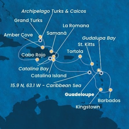 Guadeloupe, Svatý Kryštof a Nevis, Britské Panenské ostrovy, Dominikánská republika, Zámořské území Velké Británie, USA, Svatý Vincenc a Grenadiny, Barbados z Pointe-à-Pitre na lodi Costa Pacifica